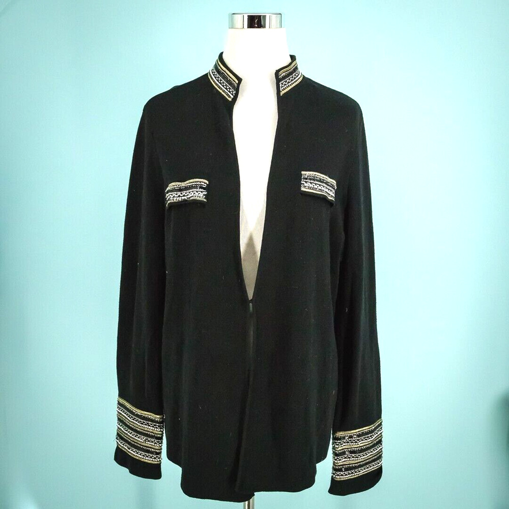 Chico's 3 Size XL Black Beaded Sequin Embroidered V Neck Cotton Cardigan Sweater